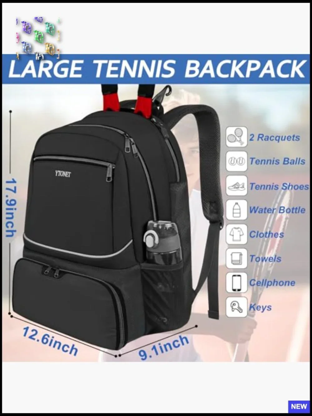 Tennis Backpack for Men Women 2 Rackets Insulated Pocket Ventilated Shoe